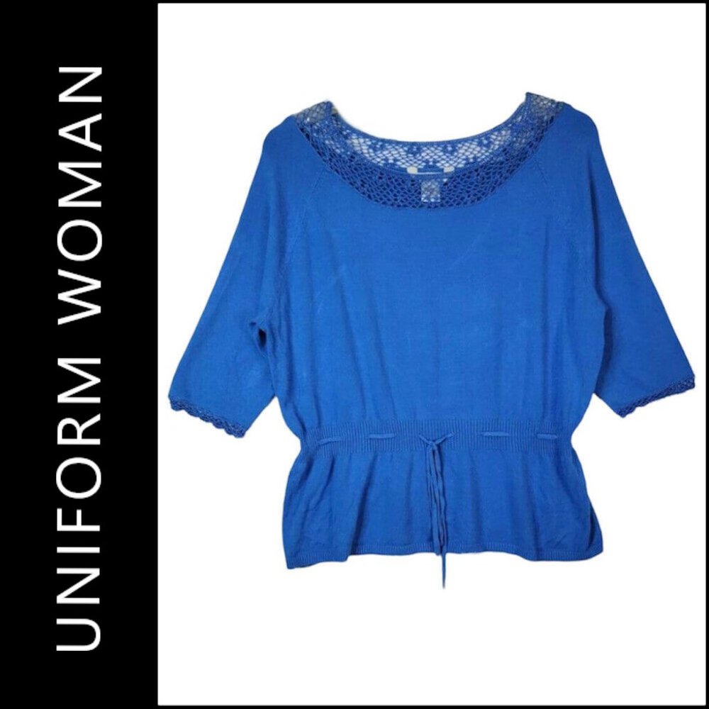 Uniform Women's Crocheted Accent Knit Blouse Long sleeves Size 3X Blue